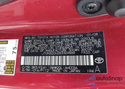 2008 Toyota Prius from USA, damaged, VIN JTDKB20U283369888